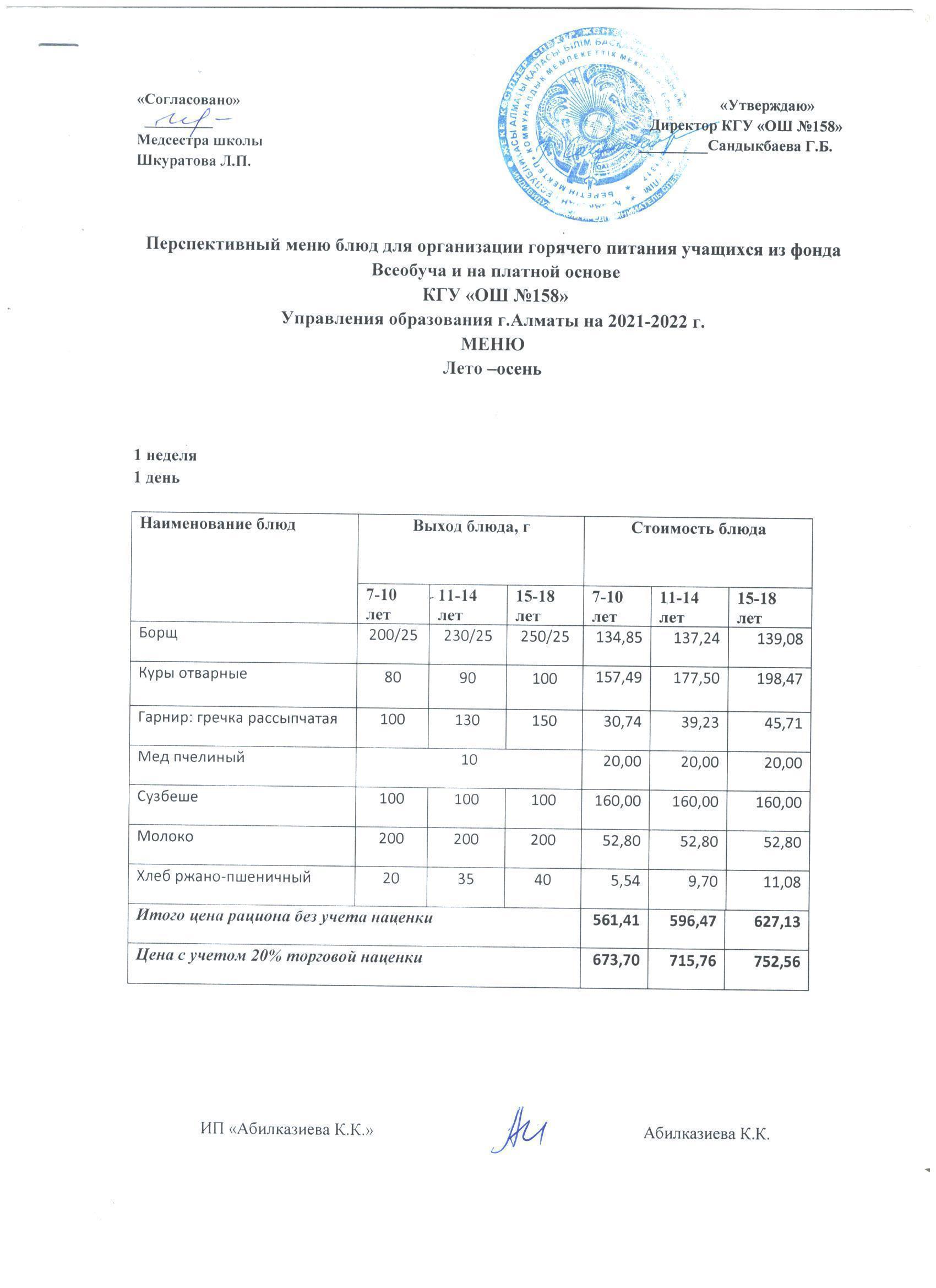 Меню лето-осень на 2021-2022 учебный год (1 неделя)