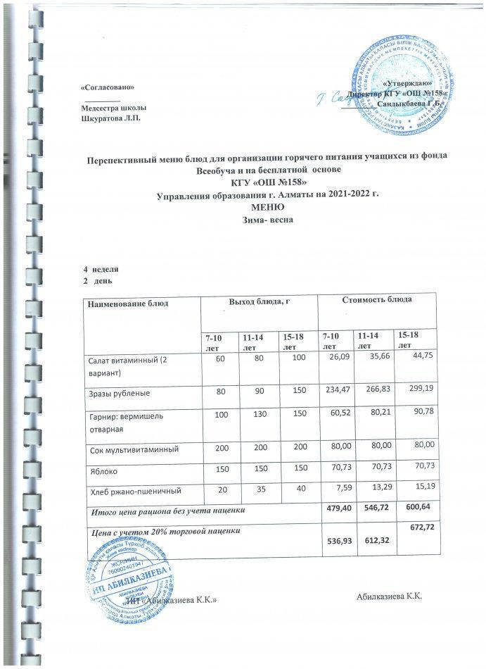 меню на 26.04.2022 год