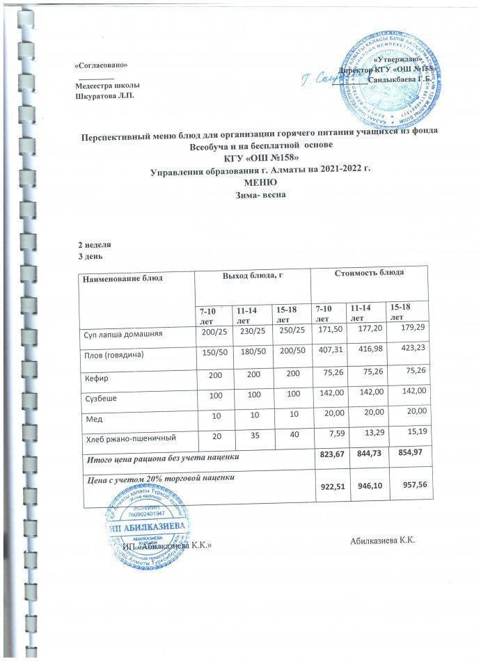 меню на 11.05.2022 год