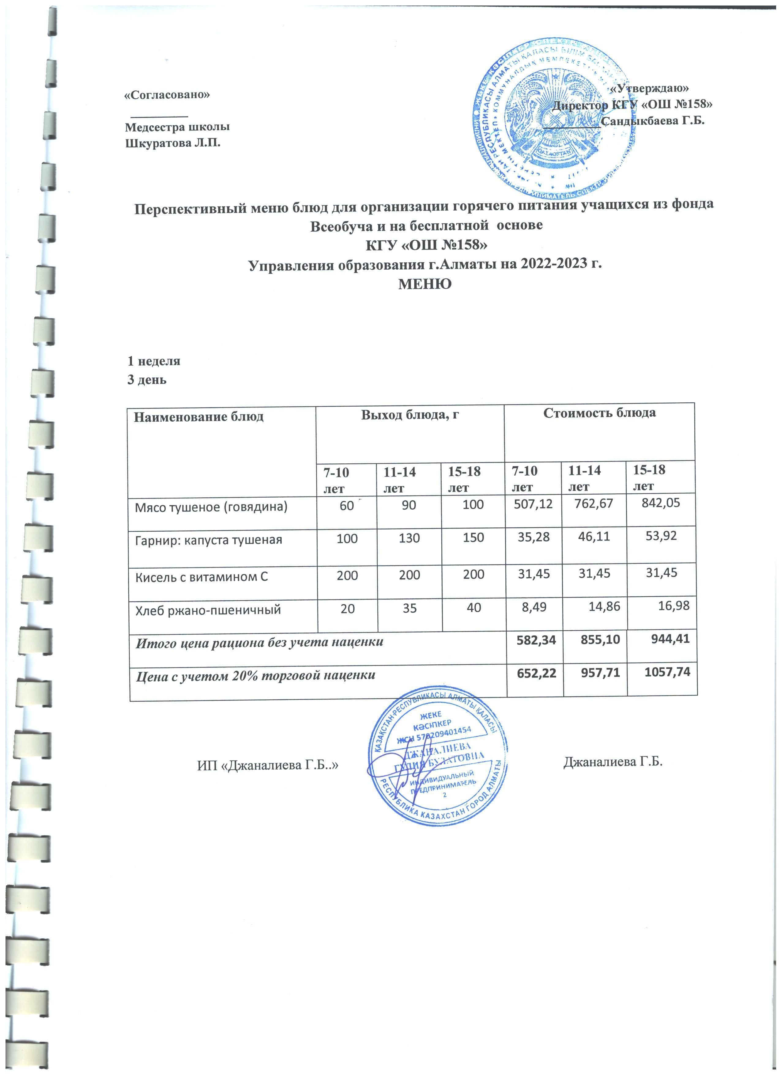 Ас мәзірі 1 апта 3 күн