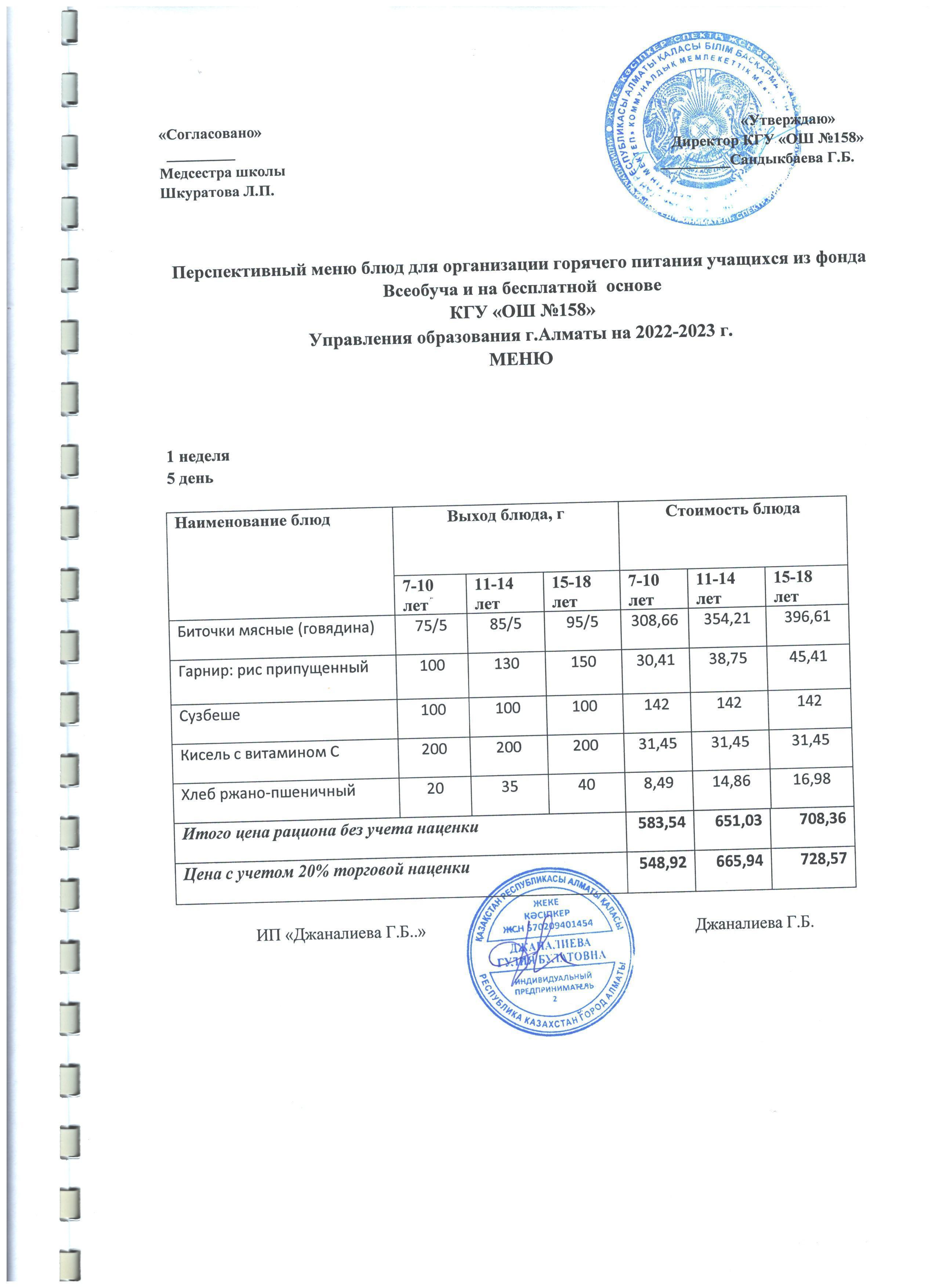 Ас мәзірі 1 апта 5 күн